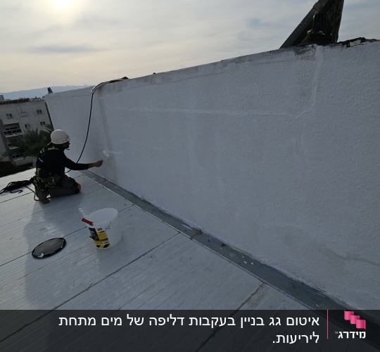 אדם צובע קיר חיצוני על גג עם רולר צבע